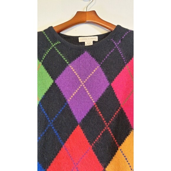 Vintage 80's 90's Casual Corner Colorful Angora Wool Blend Argyle Sweater Small - Picture 4 of 9